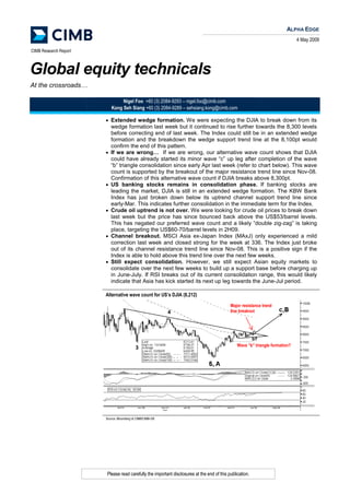 ALPHA EDGE
                                                                                                                              4 May 2009

CIMB Research Report



Global equity technicals
At the crossroads…

                                Nigel Foo +60 (3) 2084-9293 – nigel.foo@cimb.com
                           Kong Seh Siang +60 (3) 2084-9289 – sehsiang.kong@cimb.com

                       • Extended wedge formation. We were expecting the DJIA to break down from its
                           wedge formation last week but it continued to rise further towards the 8,300 levels
                           before correcting end of last week. The Index could still be in an extended wedge
                           formation and the breakdown the wedge support trend line at the 8,100pt would
                           confirm the end of this pattern.
                           If we are wrong… If we are wrong, our alternative wave count shows that DJIA
                       •
                           could have already started its minor wave “c” up leg after completion of the wave
                           “b” triangle consolidation since early Apr last week (refer to chart below). This wave
                           count is supported by the breakout of the major resistance trend line since Nov-08.
                           Confirmation of this alternative wave count if DJIA breaks above 8,300pt.
                           US banking stocks remains in consolidation phase. If banking stocks are
                       •
                           leading the market, DJIA is still in an extended wedge formation. The KBW Bank
                           Index has just broken down below its uptrend channel support trend line since
                           early-Mar. This indicates further consolidation in the immediate term for the Index.
                           Crude oil uptrend is not over. We were looking for crude oil prices to break down
                       •
                           last week but the price has since bounced back above the US$53/barrel levels.
                           This has negated our preferred wave count and a likely “double zig-zag” is taking
                           place, targeting the US$60-70/barrel levels in 2H09.
                           Channel breakout. MSCI Asia ex-Japan Index (MAxJ) only experienced a mild
                       •
                           correction last week and closed strong for the week at 336. The Index just broke
                           out of its channel resistance trend line since Nov-08. This is a positive sign if the
                           Index is able to hold above this trend line over the next few weeks.
                           Still expect consolidation. However, we still expect Asian equity markets to
                       •
                           consolidate over the next few weeks to build up a support base before charging up
                           in June-July. If RSI breaks out of its current consolidation range, this would likely
                           indicate that Asia has kick started its next up leg towards the June-Jul period.

                       Alternative wave count for US’s DJIA (8,212)
                                                                                           Major resistance trend
                                                                                           line breakout




                                                                                               Wave “b” triangle formation?




                       Source: Bloomberg & CIMB/CIMB-GK




                       Please read carefully the important disclosures at the end of this publication.
 