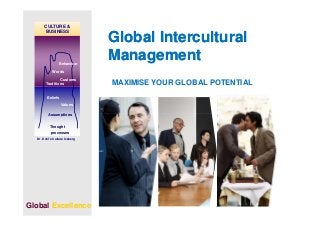 Values
Assumptions
Beliefs
Traditions
Customs
Words
Behaviour
CULTURE &
BUSINESS
Global InterculturalGlobal Intercultural
ManagementManagement
MAXIMISE YOUR GLOBAL POTENTIAL
Thought
processes
Assumptions
Dr. Kohl’s Culture Iceberg
Global Excellence
 