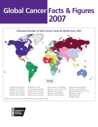 14
10
11
20
19
18
12
4
1
13
15
16
2
17
3
5
7
9
6
8
21
Global Cancer Facts & Figures
2007
Estimated Number of New Cancer Cases by World Area, 2007
Worldwide*
12,332,300
1 Eastern Africa (290,100)
2 Middle Africa (87,800)
3 Northern Africa (142,100)
4 Southern Africa (78,100)
5 Western Africa (166,300)
6 Caribbean (73,500)
7 Central America (184,800)
8 South America (733,100)
9 North America (1,745,400)
10 Eastern Asia (3,313,600)
11 South-Eastern Asia (618,800)
12 South Central Asia (1,451,700)
13 Western Asia (225,900)
14 Eastern Europe (939,500)
15 Northern Europe (448,700)
16 Southern Europe (675,000)
17 Western Europe (950,500)
18 Australia/New Zealand (117,700)
19 Melanesia (7,700)
20 Micronesia (700)
21 Polynesia (900)
*Region estimates do not sum to worldwide estimate due to calculation method.
 