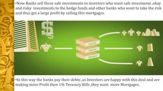 •Now Banks sell these safe investments to investors who want safe investment ,okay
and risky investments to the hedge funds and other banks who want to take the risk
and thus get a large profit by selling this mortgages.
•In this way the banks pay their debts ,as Investors are happy with this deal and are
making more Profit then 1% Treasury Bills ,they want more Mortgages.
 