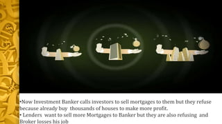 •Now Investment Banker calls investors to sell mortgages to them but they refuse
because already buy thousands of houses to make more profit.
• Lenders want to sell more Mortgages to Banker but they are also refusing and
Broker losses his job
 