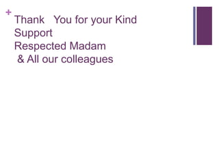 +
Thank You for your Kind
Support
Respected Madam
& All our colleagues
 