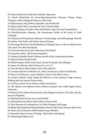 66
22, Palazzo Barberini, Guido Reni, Atalanta e Ippomene
24, Grand Palais/Palais du Louvre/Kunsthistorisches Museum, Vienna, Diego
Velázquez, Infanta Margarita Teresa in a Blue Dress
24, Rijksmuseum, King Willem-Alexander, Late Rembrandt
25, Palazzo Reale Milan, Leonardo da Vinci, Vitruvian Man
25, Royal Academy of London, Peter Paul Rubens, Tiger, Lion and Leopard Hunt
29, Kunsthistorisches Museum, The Romanesque Reliefs of the portal of Gurk
Cathedral
29, University of Pennsylvania Museum of Archaeology and Anthropology, Beneath
the Surface: Life, Death, and Gold in Ancient Panama
31, Hermitage Museum, Yana Radolitskaya, Unfading Colours. A Roman Mosaic from
Lod, Israel, View from the balcony
34, Cincinnati Museum Center, Mummies of the World
34, Inquisitor’s Palace, The Roman Inquisition
37, Dresden Cathedral, Stuart Williams, Breath of Life, Lebensatem/Dresden
37, Palais de Tokyo/Inside, Inside
40, Madison Square Park Conservancy, Teresita Fernández, Fata Morgana
40, Aspen Art Museum, Alice Channer, R o c k f a l l
45, Haus der Kunst, David Adjaye, Form, Heft, Material
45, Louisiana Museum of Modern Art, Africa Architecture, Culture and Identity
49, Denver Art Museum, Cartier, Brilliant: Cartier in the 20th Century
49, Centro Cultural Conde Duque/Art Museum of the Americas, Jorge Lizarazo,
Walking Jade area rug and Wouna stools
52, Ara Pacis, Henri Cartier-Bresson, Haifa, Israel, Rome
52, Tate Britain, Jean-Baptiste Frénet, Women and girls with a doll; Roger Fenton,
Cantiniére
55, Museum Voor Schone Kunsten Gent, Julia Margaret Cameron, St Cecilia, after the
manner of Raphael,
55, BOZAR Center for Fine Arts, FACES NOW
57, National Portrait Gallery, Hoda Afshar, Portrait of Ali
57, Hara Museum of Contemporary Art, Mika Ninagawa, Self-image
60, Rhode Island School of Design/Matthew Marks Gallery, Karl Wirsum, Show Girl I
60, Musee de la Civilisation, Rebel Bodies (Corps Rebelles)
63, Humanity House, Stories of Change - Beyond the ‘Arab Spring’
63, Whitechapel Gallery, view
 