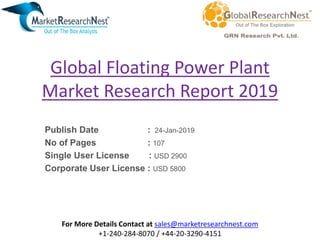 Global Floating Power Plant
Market Research Report 2019
Publish Date : 24-Jan-2019
No of Pages : 107
Single User License : USD 2900
Corporate User License : USD 5800
For More Details Contact at sales@marketresearchnest.com
+1-240-284-8070 / +44-20-3290-4151
 