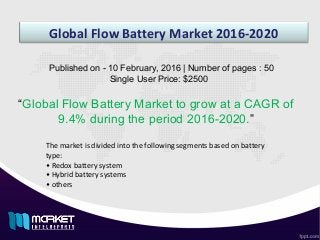 Global Flow Battery Market 2016-2020
“Global Flow Battery Market to grow at a CAGR of
9.4% during the period 2016-2020.”
Published on - 10 February, 2016 | Number of pages : 50
Single User Price: $2500
The market is divided into the following segments based on battery
type:
• Redox battery system
• Hybrid battery systems
• others
 