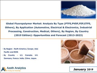 Global Fluoropolymer Market: Analysis By Type (PTFE,PVDF,FEP,ETFE,
Others), By Application (Automotive, Electrical & Electronics, Industrial
Processing, Construction, Medical, Others), By Region, By Country
(2019 Edition): Opportunities and Forecast (2013-2023)
• By Region - North America, Europe, Asia
Pacific and ROW.
• By Country - U.S, Canada, U.K,
Germany, France, India, China, Japan.
January 2019
 