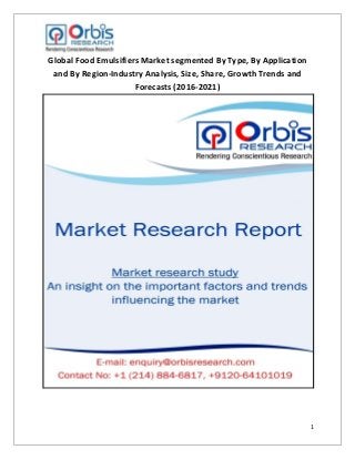 1
Global Food Emulsifiers Market segmented By Type, By Application
and By Region-Industry Analysis, Size, Share, Growth Trends and
Forecasts (2016-2021)
 