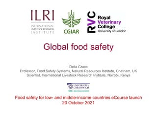 Global food safety
Delia Grace
Professor, Food Safety Systems, Natural Resources Institute, Chatham, UK
Scientist, International Livestock Research Institute, Nairobi, Kenya
Food safety for low- and middle-income countries eCourse launch
20 October 2021
 