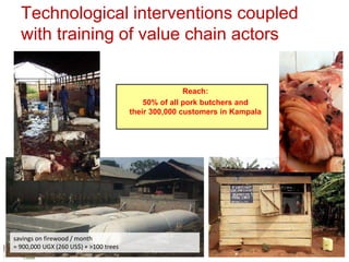 Technological interventions coupled
with training of value chain actors
savings on firewood / month
= 900,000 UGX (260 US$) + >100 trees
Reach:
50% of all pork butchers and
their 300,000 customers in Kampala
 