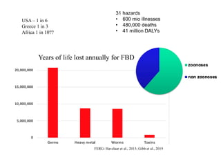 Years of life lost annually for FBD
FERG: Havelaar et al., 2015; Gibb et al., 2019
Health impact of FBD comparable to
that of malaria, HIV/AIDs or TB
31 hazards
• 600 mio illnesses
• 480,000 deaths
• 41 million DALYs
USA – 1 in 6
Greece 1 in 3
Africa 1 in 10??
 
