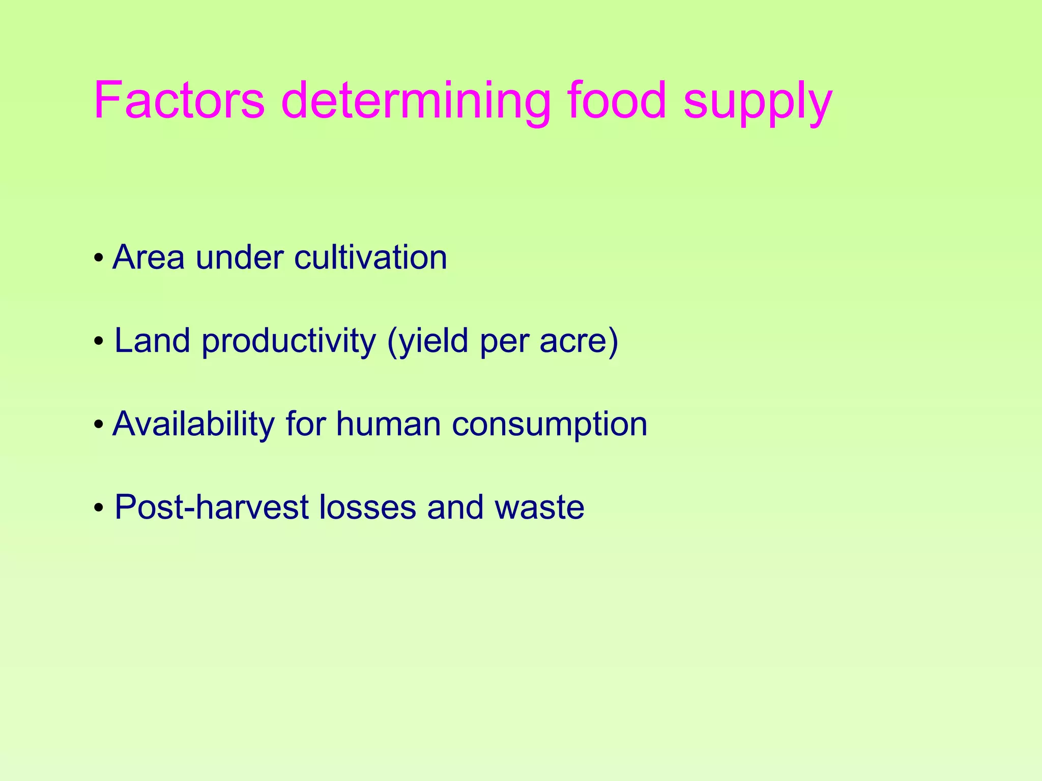 Factors determining food supply
• Area under cultivation
• Land productivity (yield per acre)
• Availability for human consumption

• Post-harvest losses and waste

 