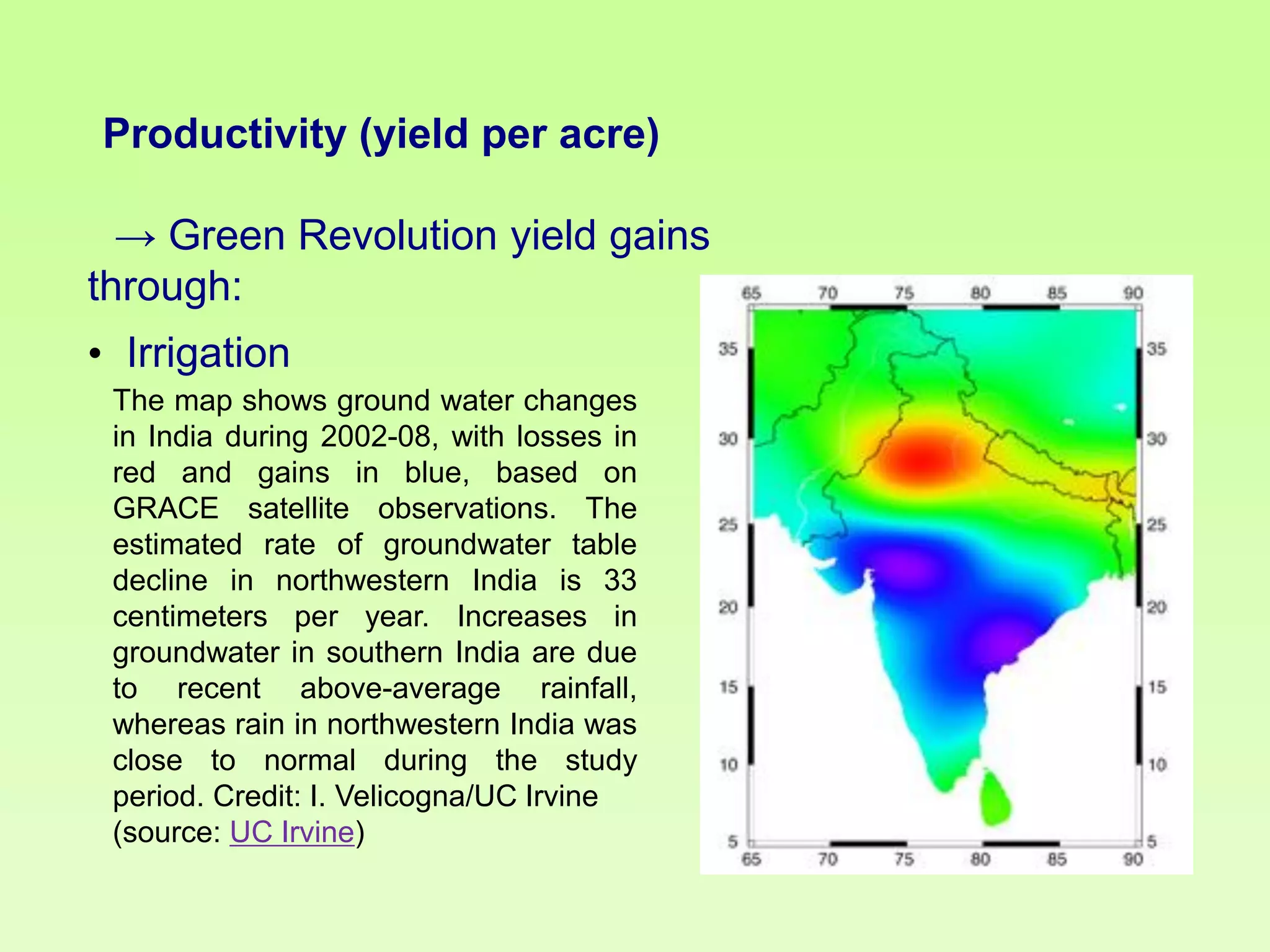 Productivity (yield per acre)

→ Green Revolution yield gains
through:
• Irrigation
The map shows ground water changes
in India during 2002-08, with losses in
red and gains in blue, based on
GRACE satellite observations. The
estimated rate of groundwater table
decline in northwestern India is 33
centimeters per year. Increases in
groundwater in southern India are due
to recent above-average rainfall,
whereas rain in northwestern India was
close to normal during the study
period. Credit: I. Velicogna/UC Irvine
(source: UC Irvine)

 