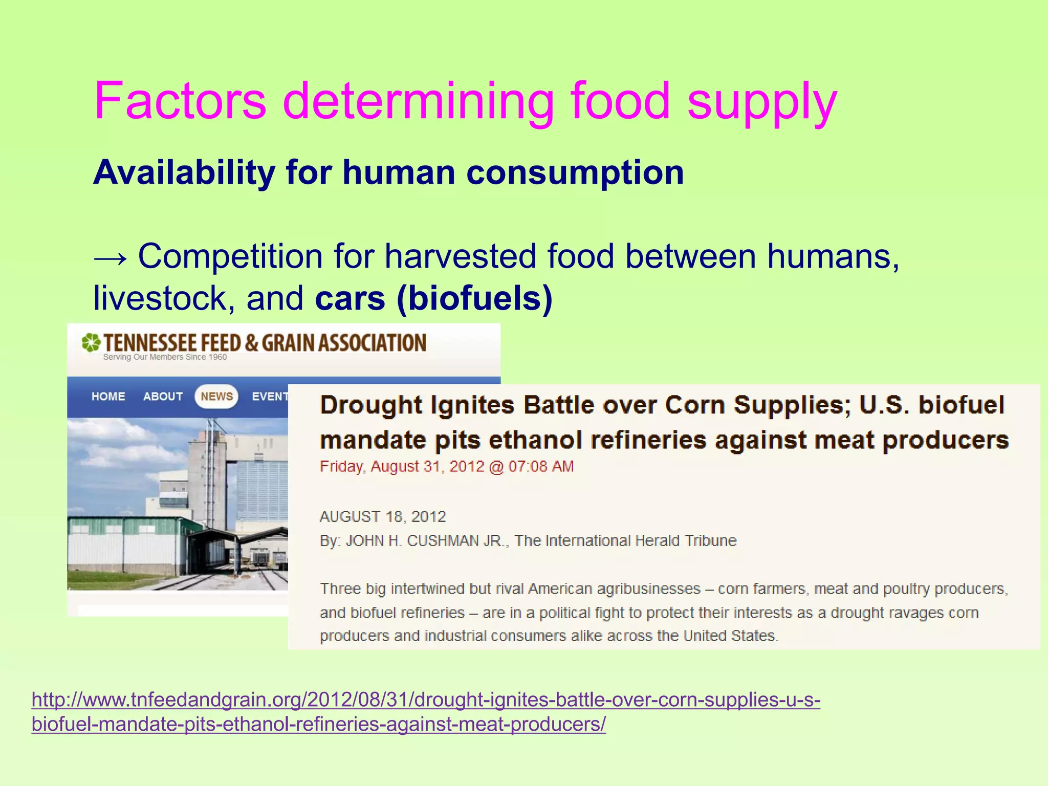 Factors determining food supply
Availability for human consumption
→ Competition for harvested food between humans,
livestock, and cars (biofuels)

http://www.tnfeedandgrain.org/2012/08/31/drought-ignites-battle-over-corn-supplies-u-sbiofuel-mandate-pits-ethanol-refineries-against-meat-producers/

 