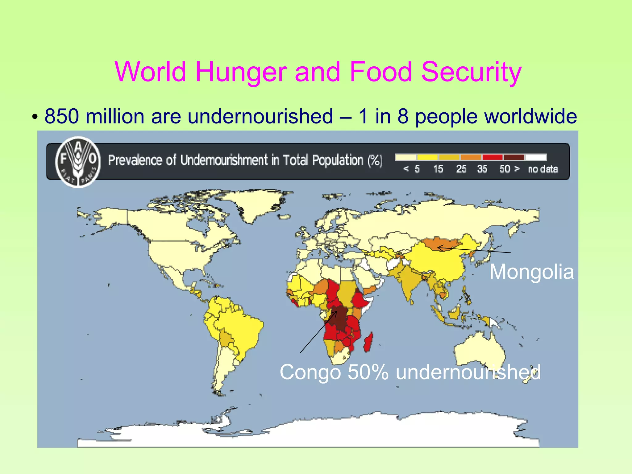 World Hunger and Food Security
• 850 million are undernourished – 1 in 8 people worldwide

Mongolia

Congo 50% undernourished

 