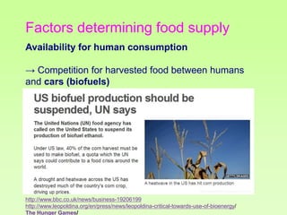 Factors determining food supply
Availability for human consumption
→ Competition for harvested food between humans
and cars (biofuels)

http://www.bbc.co.uk/news/business-19206199
http://www.leopoldina.org/en/press/news/leopoldina-critical-towards-use-of-bioenergy/
The Hunger Games/

 