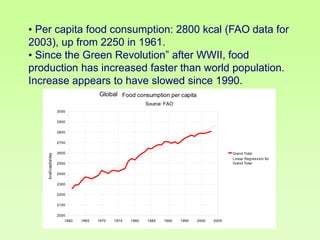 • Per capita food consumption: 2800 kcal (FAO data for
2003), up from 2250 in 1961.
• Since the Green Revolution” after WWII, food
production has increased faster than world population.
Increase appears to have slowed since 1990.
Global Food consumption per capita
Source: FAO
3000
2900
2800

kcal/capita/day

2700
2600

Grand Total
Linear Regression for
Grand Total

2500
2400
2300
2200
2100
2000
1960

1965

1970

1975

1980

1985

1990

1995

2000

2005

 