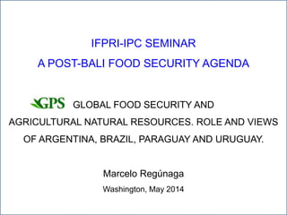 1
IFPRI-IPC SEMINAR
A POST-BALI FOOD SECURITY AGENDA
GLOBAL FOOD SECURITY AND
AGRICULTURAL NATURAL RESOURCES. ROLE AND VIEWS
OF ARGENTINA, BRAZIL, PARAGUAY AND URUGUAY.
Marcelo Regúnaga
Washington, May 2014
 