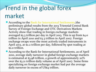 Trend in the global forex
market
According to the Bank for International Settlements,[
the
preliminary global results from the 2013 Triennial Central Bank
Survey of Foreign Exchange and OTC Derivatives Markets
Activity show that trading in foreign exchange markets
averaged $5.3 trillion per day in April 2013. This is up from $4.0
trillion in April 2010 and $3.3 trillion in April 2007. Foreign
exchange swaps were the most actively traded instruments in
April 2013, at $2.2 trillion per day, followed by spot trading at
$2.0 trillion.
According to the Bank for International Settlements, as of April
2010, average daily turnover in global foreign exchange markets
is estimated at $3.98 trillion, a growth of approximately 20%
over the $3.21 trillion daily volume as of April 2007. Some firms
specializing on foreign exchange market had put the average
daily turnover in excess of US$4 trillion.
 