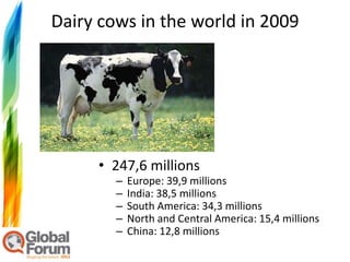 Dairy cows in the world in 2009




     • 247,6 millions
        –   Europe: 39,9 millions
        –   India: 38,5 millions
        –   South America: 34,3 millions
        –   North and Central America: 15,4 millions
        –   China: 12,8 millions
 