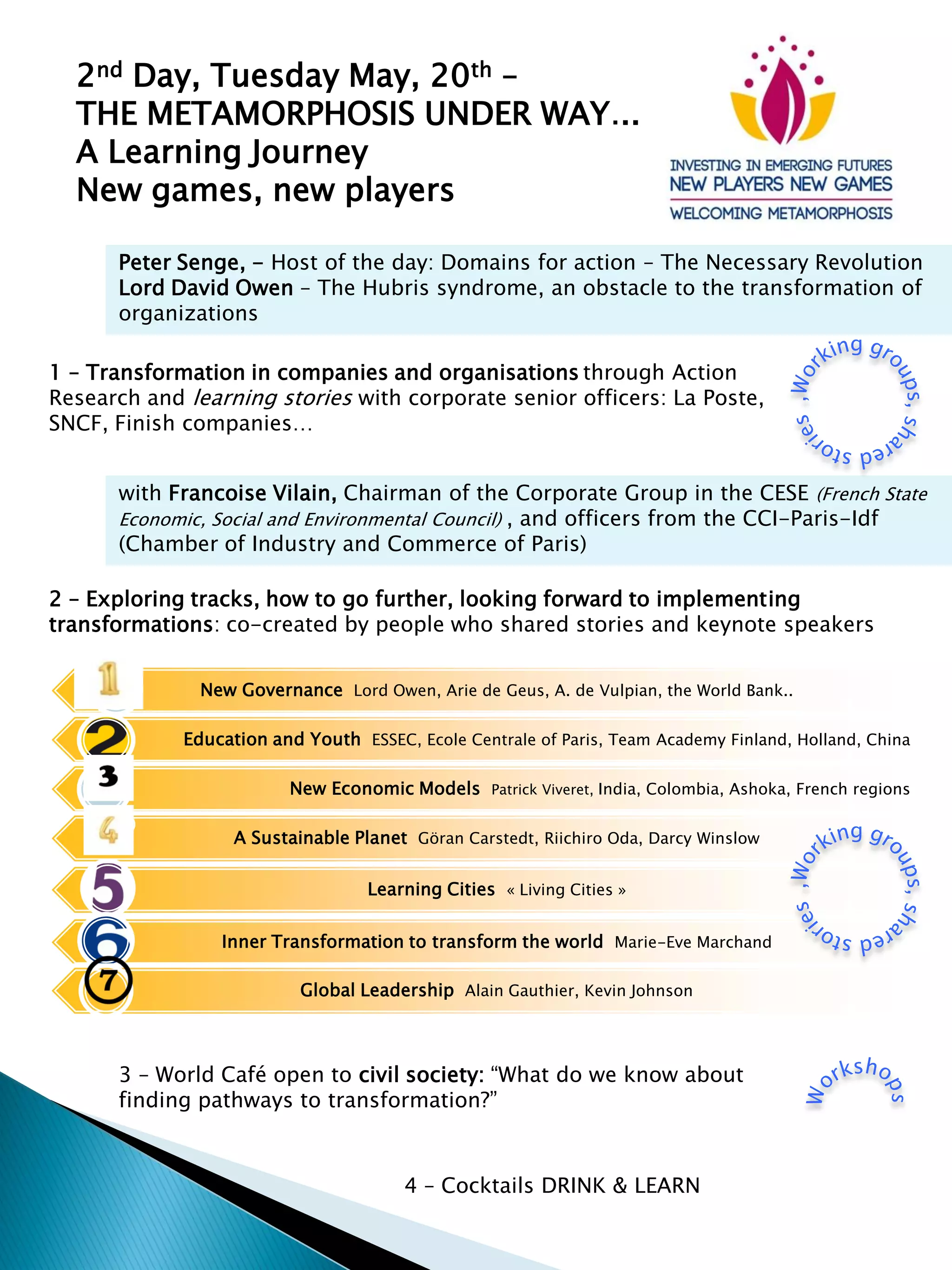 2nd Day, Tuesday May, 20th –
THE METAMORPHOSIS UNDER WAY...
A Learning Journey
New games, new players
1 – Transformation in companies and organisations through Action
Research and learning stories with corporate senior officers: La Poste,
SNCF, Finish companies…
Peter Senge, - Host of the day: Domains for action – The Necessary Revolution
Lord David Owen – The Hubris syndrome, an obstacle to the transformation of
organizations
with Francoise Vilain, Chairman of the Corporate Group in the CESE (French State
Economic, Social and Environmental Council) , and officers from the CCI-Paris-Idf
(Chamber of Industry and Commerce of Paris)
2 – Exploring tracks, how to go further, looking forward to implementing
transformations: co-created by people who shared stories and keynote speakers
3 – World Café open to civil society: “What do we know about
finding pathways to transformation?”
4 – Cocktails DRINK & LEARN
New Governance Lord Owen, Arie de Geus, A. de Vulpian, the World Bank..
Education and Youth ESSEC, Ecole Centrale of Paris, Team Academy Finland, Holland, China
New Economic Models Patrick Viveret, India, Colombia, Ashoka, French regions
A Sustainable Planet Göran Carstedt, Riichiro Oda, Darcy Winslow
Learning Cities « Living Cities »
Inner Transformation to transform the world Marie-Eve Marchand
Global Leadership Alain Gauthier, Kevin Johnson
 