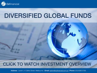 Address: Level 4, 4 Collins Street, Melbourne | Email: admin@ozfinancial.com.au | Phone: (03) 8080 5795
DIVERSIFIED GLOBAL FUNDS
CLICK TO WATCH INVESTMENT OVERVIEW
 