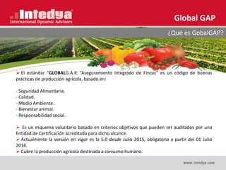 Global GAP
¿Qué es GobalGAP?
 El estándar “GLOBALG.A.P. “Aseguramiento Integrado de Fincas” es un código de buenas
prácticas de producción agrícola, basado en:
- Seguridad Alimentaria.
- Calidad.
- Medio Ambiente.
- Bienestar animal.
- Responsabilidad social.
 Es un esquema voluntario basado en criterios objetivos que pueden ser auditados por una
Entidad de Certificación acreditada para dicho alcance.
 Actualmente la versión en vigor es la 5.0 desde Julio 2015, obligatoria a partir del 01 Julio
2016.
 Cubre la producción agrícola destinada a consumo humano.
 