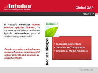 ¿Qué es?
El Protocolo GlobalGap (Buenas
Prácticas Agrícolas Globales), se
convierte en un Sistema de Gestión
Agrícola recomendado para el
productor o agroexportador.
Global GAP
Reduce
Riesgos
• Inocuidad Alimentaria
• Salud de los Trabajadores
• Impacto al Medio Ambiente
Cuando se producen animales para
consumo humano, es fundamental
utilizar alimento para animales de
calidad confiable.
 