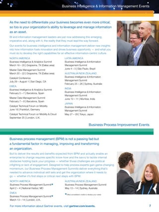 7For more information about Gartner events, visit gartner.com/events.
Business Intelligence  Information Management Events
As the need to differentiate your business becomes even more critical,
so too is your organization’s ability to leverage and manage information
as an asset.
BI and information management leaders are just now addressing this emerging
imperative and, along with it, the reality that they must lead the way forward.
Our events for business intelligence and information management deliver new insights
into how information fuels innovation and drives business opportunity — and what you
must do to develop the right capabilities for an effective information-centric culture.
Business Process Improvement Events
Business process management (BPM) is not a passing fad but
a fundamental factor in managing, improving and transforming
an organization.
But to deliver the results and benefits expected from BPM and actually enable an
enterprise to change requires specific know-how and the savvy to tackle internal
obstacles holding back your progress — whether those challenges are political
infighting or lack of engagement. Designed to help process experts gain game-changing
momentum, our Business Process Management Summits deliver everything that’s
needed to advance individual skill sets and get the organization where it needs to
go — whether it’s first steps or critical next steps with BPM.
North america
Business Intelligence  Analytics Summit
March 18 – 20 | Grapevine, TX (Dallas area)
Master Data Management Summit
March 20 – 22 | Grapevine, TX (Dallas area)
Catalyst Conference
July 29 – August 1 | San Diego, CA
emea
Business Intelligence  Analytics Summit
February 5 – 7 | Barcelona, Spain
Master Data Management Summit
February 7 – 8 | Barcelona, Spain
Catalyst Technical Forum on Mobility
June 19 | Frankfurt, Germany
Catalyst Technical Forum on Mobility  Cloud
September 25 | London, U.K.
latin america
Business Intelligence  Information
Management Summit
June 4 – 5 | São Paulo, Brazil
australia/new zealand
Business Intelligence  Information
Management Summit
February 25 – 26 | Sydney, Australia
INDIA
Business Intelligence  Information
Management Summit
June 10 – 11 | Mumbai, India
japan
Business Intelligence  Information
Management Summit
May 27 – 28 | Tokyo, Japan
North america
Business Process Management Summit*
April 2 – 4 | National Harbor, MD
emea
Business Process Management Summit*
March 13 – 14 | London, U.K.
australia/new zealand
Business Process Management Summit
May 13 – 14 | Sydney, Australia
*Offers accreditation credits to develop your career.
 
