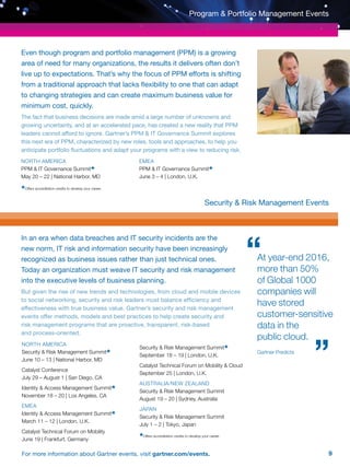 9For more information about Gartner events, visit gartner.com/events.
Program  Portfolio Management Events
Even though program and portfolio management (PPM) is a growing
area of need for many organizations, the results it delivers often don’t
live up to expectations. That’s why the focus of PPM efforts is shifting
from a traditional approach that lacks flexibility to one that can adapt
to changing strategies and can create maximum business value for
minimum cost, quickly.
The fact that business decisions are made amid a large number of unknowns and
growing uncertainty, and at an accelerated pace, has created a new reality that PPM
leaders cannot afford to ignore. Gartner’s PPM  IT Governance Summit explores
this next era of PPM, characterized by new roles, tools and approaches, to help you
anticipate portfolio fluctuations and adapt your programs with a view to reducing risk.
Security  Risk Management Events
In an era when data breaches and IT security incidents are the
new norm, IT risk and information security have been increasingly
recognized as business issues rather than just technical ones.
Today an organization must weave IT security and risk management
into the executive levels of business planning.
But given the rise of new trends and technologies, from cloud and mobile devices
to social networking, security and risk leaders must balance efficiency and
effectiveness with true business value. Gartner’s security and risk management
events offer methods, models and best practices to help create security and
risk management programs that are proactive, transparent, risk-based
and process-oriented.
At year-end 2016,
more than 50%
of Global 1000
companies will
have stored
customer-sensitive
data in the
public cloud.
Gartner Predicts
North america
PPM  IT Governance Summit* 		
May 20 – 22 | National Harbor, MD
emea
PPM  IT Governance Summit* 		
June 3 – 4 | London, U.K.
North america
Security  Risk Management Summit*
June 10 – 13 | National Harbor, MD
Catalyst Conference
July 29 – August 1 | San Diego, CA
Identity  Access Management Summit* 		
November 18 – 20 | Los Angeles, CA
emea
Identity  Access Management Summit*
March 11 – 12 | London, U.K.
Catalyst Technical Forum on Mobility
June 19 | Frankfurt, Germany
Security  Risk Management Summit* 		
September 18 – 19 | London, U.K.
Catalyst Technical Forum on Mobility  Cloud
September 25 | London, U.K.
AUSTRALIA/NEW ZEALAND
Security  Risk Management Summit
August 19 – 20 | Sydney, Australia
JAPAN
Security  Risk Management Summit
July 1 – 2 | Tokyo, Japan
*Offers accreditation credits to develop your career.
*Offers accreditation credits to develop your career.
 