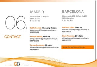 MADRID                                  BARCELONA
          Villanueva 19, 1º derecha               C/Veneçuela, 103 - Edificio Tec22@
          28001 Madrid                            08019 Barcelona
          T. 910 910 235                          T. 931 002 595



          Pablo Gómez, Managing Director          Mariano López, Director
          pablo.gomez@globalgbconsulting.es       mariano.lopez@globalgbconsulting.es
          639 752 418                             639 773 925

                                                  Silvia Piqueras, Directora
CONTACT   Enrique Benito, Director
          enrique.benito@globalgbconsulting.es    silvia.piqueras@globalgbconsulting.es
          680 425 372                             649 160 755

          Fernando Alonso, Director
          fernando.alonso@globalgbconsulting.es   www.globalgbconsulting.es
          687 884 870
 