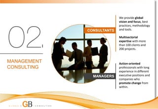 We provide global
                           vision and focus, best
                           practices, methodology
             CONSULTANTS   and tools.

                           Multisectorial
                           expertise with more
                           than 100 clients and
                           200 projects.



MANAGEMENT                 Action-oriented
CONSULTING                 professionals with long
                           experience in different
               MANAGERS    executive positions and
                           companies who
                           promote change from
                           within.
 