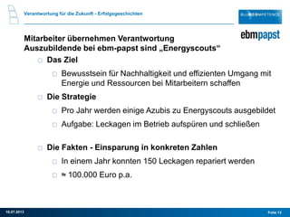 Folie 1316.07.2013
Verantwortung für die Zukunft - Erfolgsgeschichten
Mitarbeiter übernehmen Verantwortung
Auszubildende bei ebm-papst sind „Energyscouts“
Das Ziel
Bewusstsein für Nachhaltigkeit und effizienten Umgang mit
Energie und Ressourcen bei Mitarbeitern schaffen
Die Strategie
Pro Jahr werden einige Azubis zu Energyscouts ausgebildet
Aufgabe: Leckagen im Betrieb aufspüren und schließen
Die Fakten - Einsparung in konkreten Zahlen
In einem Jahr konnten 150 Leckagen repariert werden
≈ 100.000 Euro p.a.
 