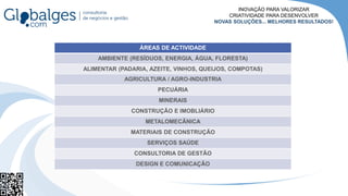 ÁREAS DE ACTIVIDADE
AMBIENTE (RESÍDUOS, ENERGIA, ÁGUA, FLORESTA)
ALIMENTAR (PADARIA, AZEITE, VINHOS, QUEIJOS, COMPOTAS)
AGRICULTURA / AGRO-INDUSTRIA
PECUÁRIA
MINERAIS
CONSTRUÇÃO E IMOBLIÁRIO
METALOMECÂNICA
MATERIAIS DE CONSTRUÇÃO
SERVIÇOS SAÚDE
CONSULTORIA DE GESTÃO
DESIGN E COMUNICAÇÃO
INOVAÇÃO PARA VALORIZAR
CRIATIVIDADE PARA DESENVOLVER
NOVAS SOLUÇÕES... MELHORES RESULTADOS!
 