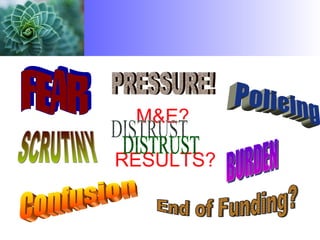 M&E? RESULTS? FEAR Policing SCRUTINY PRESSURE! End of Funding? Confusion DISTRUST BURDEN 