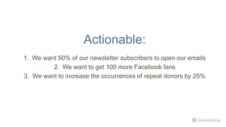 Actionable:
1. We want 50% of our newsletter subscribers to open our emails
2. We want to get 100 more Facebook fans
3. We want to increase the occurrences of repeat donors by 25%
 