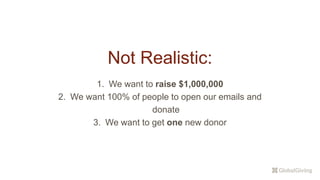 Not Realistic:
1. We want to raise $1,000,000
2. We want 100% of people to open our emails and
donate
3. We want to get one new donor
 