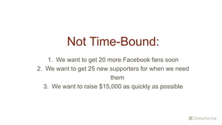 Not Time-Bound:
1. We want to get 20 more Facebook fans soon
2. We want to get 25 new supporters for when we need
them
3. We want to raise $15,000 as quickly as possible
 