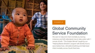 Global Community
Service Foundation
We want to help end infant mortality by training
midwives and birth attendants how to take action with 1
minute of birth. "The Golden Minute" taught by our
"Helping Babies Breathe" program will identify how to
save babies lives, stimulate breathing and help lower
infant mortality across South East Asia.
E X A M P L E
 