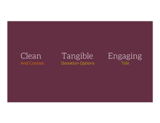 Clean
And Consise
Tangible
Donation Options
Engaging
Title
 
