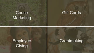 Cause
Marketing
Gift Cards
Employee
Giving
Grantmaking
 