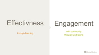 Effectivness
with community
through fundraising
Engagement
through learning
 