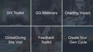 DIY Toolkit GG Webinars Charting Impact
GlobalGiving
Site Visit
Feedback
Toolkit
Create Your
Own Cycle
 