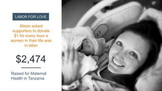 $2,474
Raised for Maternal
Health in Tanzania
LABOR FOR LOVE
Alison asked
supporters to donate
$1 for every hour a
women in their life was
in labor
 