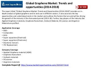 Complete Report @ http://www.marketreportsonline.com/325327.html
Global Graphene Market: Trends and
opportunities (2014-2018)
The report titled "Global Graphene Market: Trends and Opportunities (2014-2018)" provides an in-
depth analysis of global graphene and its end-use in different sectors. It also accesses the key
opportunities and underlying trends in the market and outlines the factors that are and will be driving
the growth of the industry in the forecasted period (2013-18). Further, key players of the industry like
Applied Graphene materials, Graphene Nanochem, Vorbeck Material, XG science and Angstron
Material are profiled.
Application Coverage
• R&D
• Composites
• RFID
• Super capacitors (Electrical)
• Super capacitors (Electronic)
• Electronic Sensors
• ITO Replacement
Company Coverage
• Applied Graphene material (AGM)
• Graphene Nanochem
• Vorbeck materials
• XG science
• Angrstron materials
 