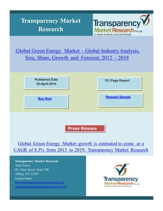 Transparency Market 
Research 
Global Green Energy Market - Global IndustryAnalysis, 
Size, Share, Growth and Forecast, 2012 - 2018 
Published Date 
22-April-2014 
121 Page Report 
Request Sample 
Buy Now 
Press Release 
Global Green Energy Market growth is estimated to come at a 
CAGR of 8.3% from 2013 to 2019: Transparency Market Research 
Transparency Market Research 
State Tower, 
90, State Street, Suite 700. 
Albany, NY12207 
United States 
www.transparencymarketresearch.com 
sales@transparencymarketresearch.com 
 