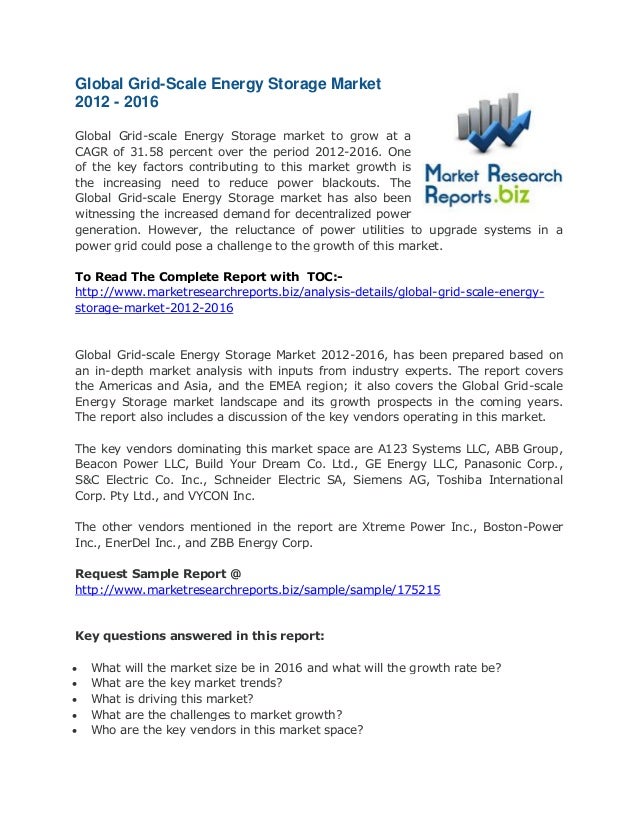 Global grid scale energy storage market 2012 2016Popular Market Report