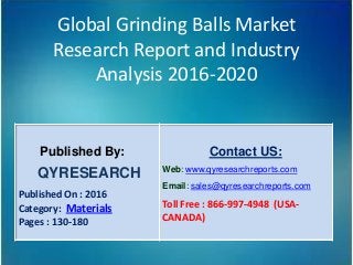 Global Grinding Balls Market
Research Report and Industry
Analysis 2016-2020
Published By:
QYRESEARCH
Published On : 2016
Category: Materials
Pages : 130-180
Contact US:
Web: www.qyresearchreports.com
Email: sales@qyresearchreports.com
Toll Free : 866-997-4948 (USA-
CANADA)
 