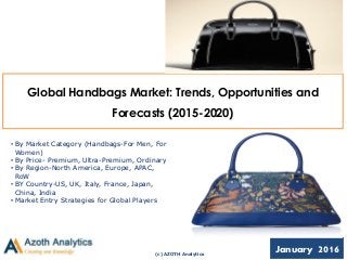 (c) AZOTH Analytics
January 2016
Global Handbags Market: Trends, Opportunities and
Forecasts (2015-2020)
• By Market Category (Handbags-For Men, For
Women)
• By Price- Premium, Ultra-Premium, Ordinary
• By Region-North America, Europe, APAC,
RoW
• BY Country-US, UK, Italy, France, Japan,
China, India
• Market Entry Strategies for Global Players
 