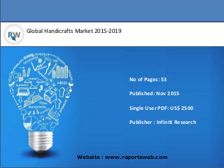 Global Handicrafts Market 2015-2019
Website : www.reportsweb.com
No of Pages: 53
Published: Nov 2015
Single User PDF: US$ 2500
Publisher : Infiniti Research
 