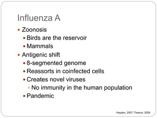 Influenza A
 Zoonosis
 Birds are the reservoir
 Mammals
 Antigenic shift
 8-segmented genome
 Reassorts in coinfected cells
 Creates novel viruses
 No immunity in the human population
 Pandemic
Hayden, 2007; Treanor, 2009
 